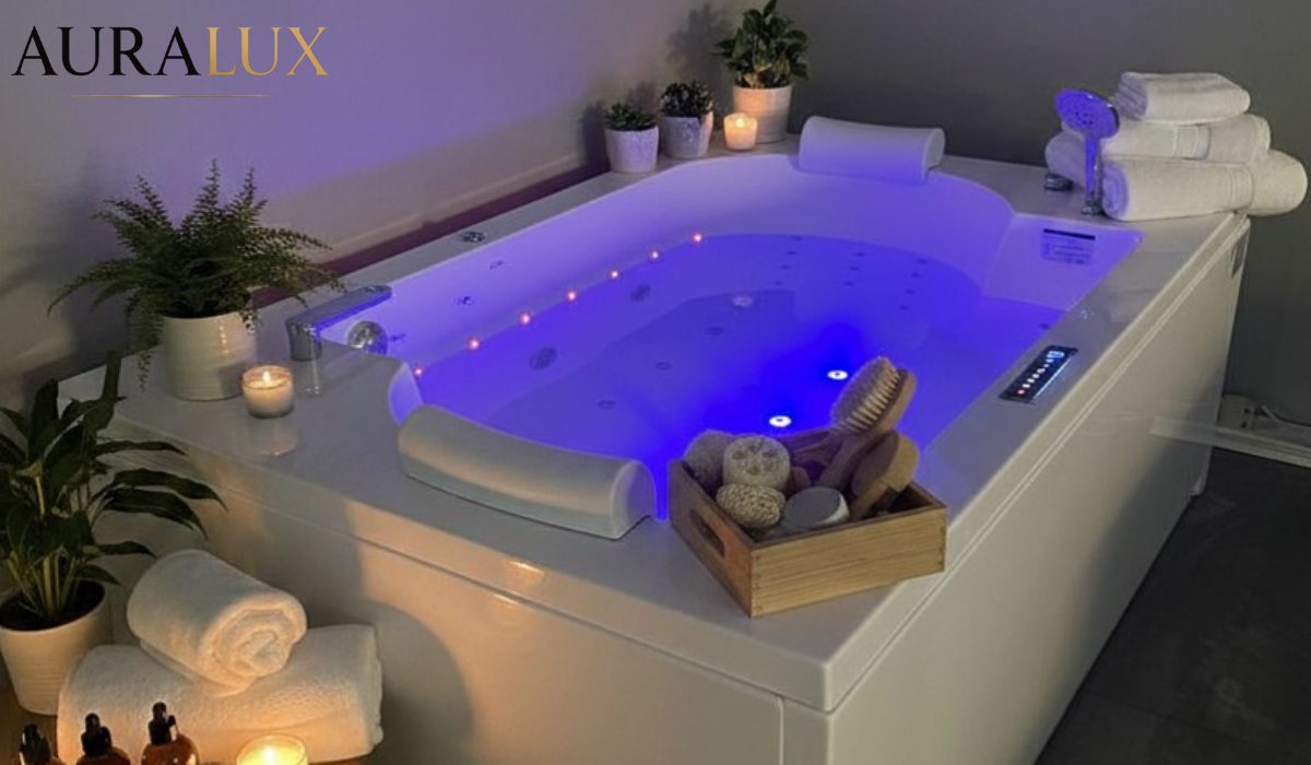 Bồn tắm đôi cao cấp với hệ thống jet massage riêng biệt mỗi bên và đèn LED dưới nước