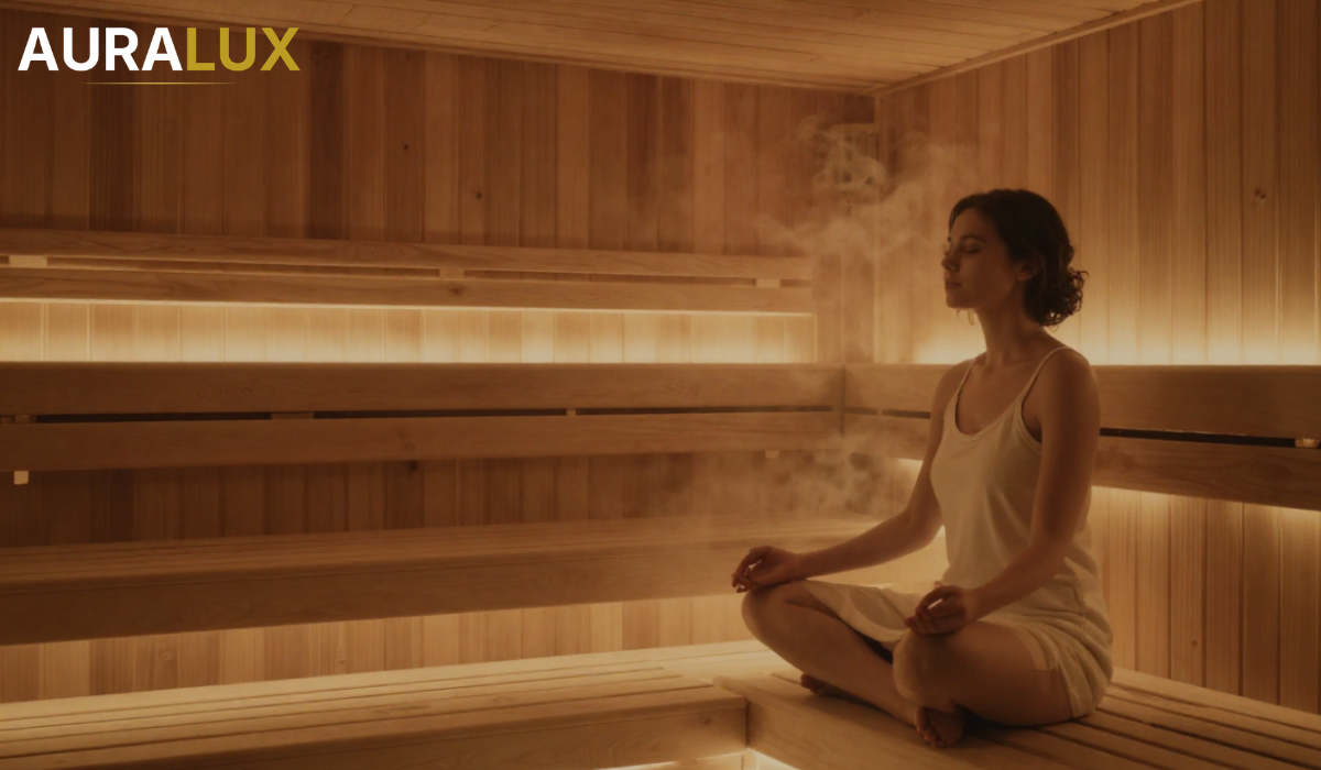 Người thư giãn trong phòng xông hơi tại nhà cabin gỗ thông đèn dịu