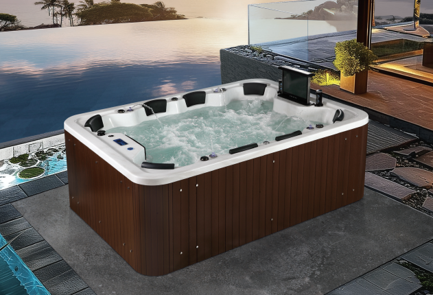 Bồn spa GEMY G9125 viền ốp gỗ 32 jets Bluetooth FM Radio cao cấp biệt thự sân vườn