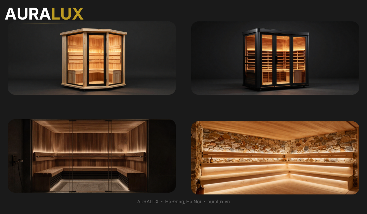 Showroom phòng xông hơi tại nhà AuraLux cabin gỗ thông hoàn chỉnh Hà Nội