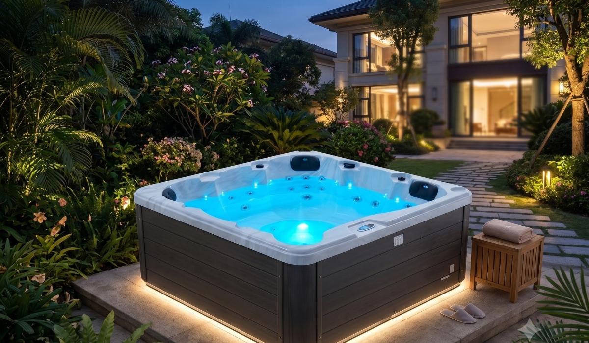 Bồn spa cho biệt thự đặt giữa sân vườn xanh mát với đèn LED buổi tối