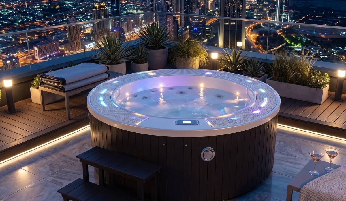 Jacuzzi biệt thự đặt trên sân thượng với view thành phố buổi tối và đèn LED