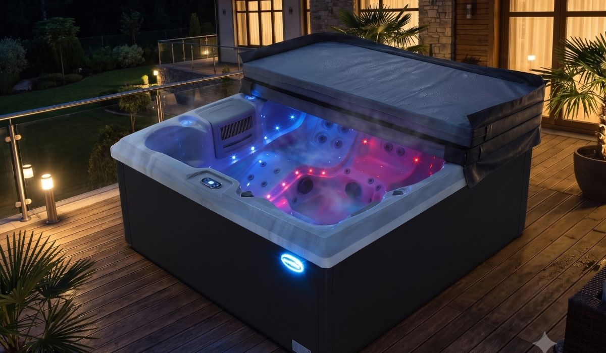 Spa ngoài trời biệt thự có nắp đậy giữ nhiệt mở ra với đèn LED đổi màu ban đêm